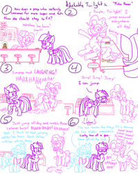 Size: 4779x6013 | Tagged: safe, artist:adorkabletwilightandfriends, imported from derpibooru, cup cake, pinkie pie, twilight sparkle, alicorn, earth pony, pony, comic:adorkable twilight and friends, adorkable, adorkable twilight, adorkable twilight and friends fanart, apron, clothes, comic, counter, cute, dork, exercise, fitness, goofy, happy, hopping, humor, jumping, laughing, metabolism, silly, smiling, stool, sugarcube corner, twilight sparkle (alicorn)