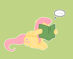 Size: 836x682 | Tagged: safe, artist:dieva4130, imported from derpibooru, fluttershy, pegasus, pony, ..., book, covering face, cute, female, green background, hoof hold, mare, reading, shyabetes, simple background, sitting, solo, thought bubble
