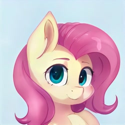 Size: 1024x1024 | Tagged: safe, artist:thisponydoesnotexist, imported from derpibooru, pony, ai content, ai generated, artificial intelligence, bust, generator:thisponydoesnotexist, neural network, not fluttershy, portrait, simple background, smiling, solo