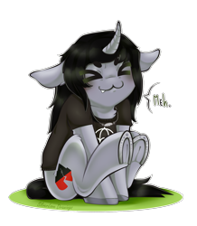 Size: 1695x1945 | Tagged: safe, artist:silverlove_drawings, imported from derpibooru, pony, unicorn, :3, clothes, commission, curved horn, disguise, disguised siren, fangs, floppy ears, horn, horseshoes, jewelry, kellin quinn, male, meh, necklace, ponified, shirt, simple background, sitting, sleeping with sirens, solo, speech bubble, stallion, t-shirt, transparent background, underhoof, x3, ych result