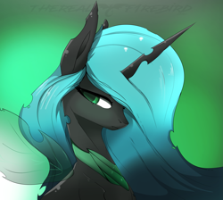 Size: 4155x3716 | Tagged: safe, artist:therealf1rebird, imported from derpibooru, queen chrysalis, changeling, changeling queen, fangs, female, gradient background, horn, looking back, solo, wings