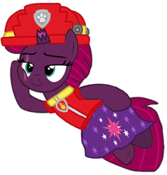 Size: 986x1032 | Tagged: safe, alternate version, artist:徐詩珮, imported from derpibooru, fizzlepop berrytwist, tempest shadow, pony, unicorn, series:sprglitemplight diary, series:sprglitemplight life jacket days, series:springshadowdrops diary, series:springshadowdrops life jacket days, alternate universe, base used, bedroom eyes, broken horn, clothes, cute, cutie mark, cutie mark on clothes, dress, eyelashes, female, helmet, horn, mare, marshall (paw patrol), paw patrol, paw prints, sexy, simple background, smiling, solo, transparent background