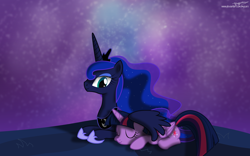 Size: 4800x3000 | Tagged: safe, artist:magnusmagnum, artist:mycaro, imported from derpibooru, princess luna, twilight sparkle, alicorn, cute, ethereal mane, eyes closed, eyeshadow, friendshipping, galaxy, hug, jewelry, lunabetes, makeup, maternaluna, maternaluna fuel, night, prone, regalia, shade, show accurate, smiling, snuggling, stars, sweet dreams fuel, this will end in hugs, twiabetes, twilight sparkle (alicorn), winghug, wings