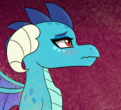 Size: 2436x2198 | Tagged: safe, artist:llametsul, imported from derpibooru, princess ember, dragon, blushing, bust, dragoness, embers, eyeshadow, female, horn, looking away, makeup, profile, simple background, solo