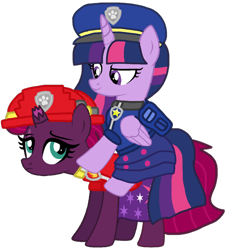 Size: 968x1062 | Tagged: safe, alternate version, artist:徐詩珮, imported from derpibooru, fizzlepop berrytwist, tempest shadow, twilight sparkle, alicorn, pony, unicorn, series:sprglitemplight diary, series:sprglitemplight life jacket days, series:springshadowdrops diary, series:springshadowdrops life jacket days, alternate universe, background removed, backpack, base used, broken horn, chase (paw patrol), clothes, cute, cutie mark, cutie mark on clothes, dress, eye scar, eyelashes, female, hat, helmet, horn, lesbian, mare, marshall (paw patrol), paw patrol, paw prints, ponies riding ponies, riding, scar, shipping, simple background, tempest shadow is not amused, tempestlight, transparent background, twilight riding tempest shadow, twilight sparkle (alicorn), unamused, vector