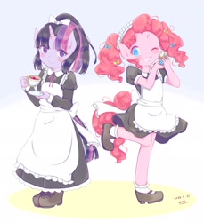 Size: 1877x2048 | Tagged: safe, artist:moh_mlp2, imported from derpibooru, pinkie pie, twilight sparkle, anthro, apron, clothes, cup, digital art, dress, food, maid, maid headdress, one eye closed, pigtails, ponytail, smiling, tail, tea, teacup, wink