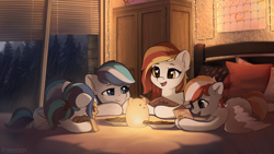 Size: 1920x1080 | Tagged: safe, artist:freeedon, imported from derpibooru, spitfire, oc, oc only, oc:blazing sky, oc:diamond sun, oc:hawker hurricane, oc:sapphire moon, pegasus, pony, bed, blinds, book, cabinet, calendar, cat lamp, cookie, family, food, hawkmond, lamp, parent:oc:diamond sun, parent:oc:hawker hurricane, parents:hawkmond, pillow, plushie, rain, reading, scenery, string lights, toy, twins, window