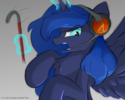 Size: 1000x800 | Tagged: safe, artist:d.w.h.cn, imported from derpibooru, princess luna, alicorn, pony, gamer luna, angry, chest fluff, crowbar, ear fluff, female, frown, glare, gray background, half-life, headphones, headset, leg fluff, levitation, looking at you, magic, mare, microphone, nightmare luna, nose wrinkle, open mouth, rearing, simple background, slit eyes, slit pupils, solo, spread wings, telekinesis, wings