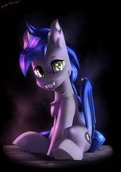 Size: 1900x2700 | Tagged: safe, artist:shido-tara, imported from derpibooru, oc, oc only, oc:night vision, bat pony, pony, bat pony oc, bat wings, cute, fangs, gift art, looking at you, simple background, sitting, smiling, solo, wings