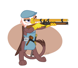 Size: 1824x1596 | Tagged: safe, artist:camo-pony, imported from derpibooru, gimme moore, griffon, apron, bipedal, clothes, female, flat cap, hammer, hat, musket, simple background, solo, weapon