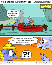 Size: 938x1170 | Tagged: safe, artist:pony-berserker, imported from derpibooru, oc, oc:final drive, hippogriff, pony, unicorn, boat, comic, implied blowjob, implied oral, implied sex, motorboat, mount aris, pier, pun, speech bubble, water