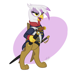 Size: 1720x1620 | Tagged: safe, artist:camo-pony, imported from derpibooru, gilda, griffon, bipedal, clothes, female, gun, handgun, pistol, simple background, solo, spyglass, sword, uniform, weapon