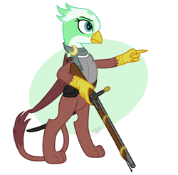 Size: 1700x1670 | Tagged: safe, artist:camo-pony, imported from derpibooru, greta, griffon, armor, bipedal, breastplate, clothes, female, musket, scarf, simple background, solo, weapon