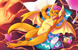 Size: 5100x3300 | Tagged: safe, artist:mlpfwb, imported from derpibooru, smolder, dragon, beach towel, belly button, coconut cup, commission, detailed background, dragon lands, dragoness, drink, female, full color, hands on head, horns, lava, lava pool, lotion, lying on the ground, magazine, mirror, older, older smolder, relaxing, solo, spread wings, stretching, stupid sexy smolder, sun bathing, tail, umbrella, vacation, warm, wings