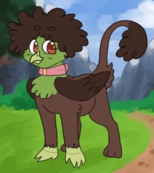 Size: 574x647 | Tagged: safe, artist:greenarsonist, imported from derpibooru, oc, oc only, oc:frizz, griffon, chubby, collar, fluffy hair, griffon oc, painted background, solo