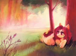 Size: 1934x1450 | Tagged: safe, artist:dearmary, imported from derpibooru, oc, oc only, oc:crimm harmony, pegasus, pony, female, lying down, mare, scenery, smiling, solo, tree