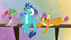 Size: 3840x2160 | Tagged: safe, artist:rupertbluefox, imported from derpibooru, princess ember, smolder, spike, dragon, 4k, baby, baby dragon, chubby, cute, dragon trio, drool, emberbetes, female, food, gradient background, ice cream, male, popsicle, prone, signature, sitting, smolderbetes, spikabetes, stomach, teenaged dragon, winged spike, wings