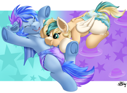 Size: 2726x1990 | Tagged: safe, artist:wittleskaj, imported from derpibooru, oc, oc:astral flare, oc:sun light, bat pony, pegasus, bat pony oc, bat wings, diaper, female, filly, foal, non-baby in diaper, pegasus oc, pullup (diaper), raspberry, tongue out, wings