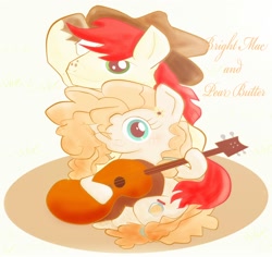 Size: 2000x1888 | Tagged: safe, artist:j5ajj, imported from derpibooru, bright mac, pear butter, the perfect pear, applejack's hat, brightbutter, cowboy hat, digital art, female, guitar, hat, male, musical instrument, one eye closed, shipping, straight, wink