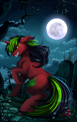 Size: 2550x4009 | Tagged: safe, artist:pridark, imported from derpibooru, oc, oc only, oc:pynoka, hengstwolf, pony, unicorn, werewolf, absurd resolution, castle, cliff, commission, cutie mark, full moon, glowing eyes, green eyes, moon, night, night sky, scenery, sky, solo, stars, tree