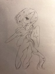 Size: 1536x2048 | Tagged: dead source, safe, artist:raimugi____, imported from derpibooru, fluttershy, anthro, alternate hairstyle, blushing, female, floating, flying, from behind, looking back, pencil drawing, sketch, solo, traditional art