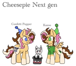 Size: 1009x874 | Tagged: safe, artist:analyia09, imported from derpibooru, oc, oc:confetti popper, oc:kazoo, pegasus, pony, rabbit, unicorn, animal, brother and sister, female, hat, male, offspring, parent:cheese sandwich, parent:pinkie pie, parents:cheesepie, party hat, siblings, simple background, twins, white background