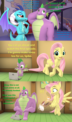 Size: 1920x3240 | Tagged: safe, artist:red4567, imported from derpibooru, fluttershy, princess ember, spike, dragon, pegasus, pony, 3d, age progression, anime, bipedal, comic, computer, cup, cutie mark, dialogue, dragon day, excessive exclamation marks, exclamation point, female, fluttershy's cottage, flying, folded wings, food, gigachad spike, horns, jojo's bizarre adventure, laptop computer, lidded eyes, looking away, male, mane, mare, maturity, older, older spike, open mouth, otakushy, plate, sfm pony, shocked, shrunken pupils, sitting, source filmmaker, spikes, tail, tea, teacup, teapot, tray, trotting, twilight's castle, unsure, watching, winged spike, wings