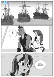 Size: 1200x1697 | Tagged: safe, artist:pia-sama, imported from derpibooru, rainbow dash, rarity, spike, anthro, dragon, pegasus, unicorn, comic:rogue diamond, female, lidded eyes, male, mare, monochrome, older, older spike, pirate ship, ship, sweat, sweatdrop