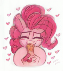 Size: 512x578 | Tagged: safe, artist:pink-pone, imported from derpibooru, pinkie pie, blushing, chest fluff, cute, diapinkes, eating, eyes closed, floating heart, food, heart, muffin, simple background, white background