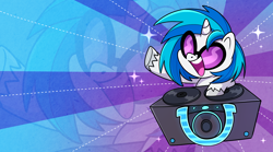 Size: 1450x805 | Tagged: safe, artist:techycutie, imported from derpibooru, dj pon-3, vinyl scratch, pony, unicorn, my little pony: pony life, dj booth, female, g4.5, mare, open mouth, solo, turntable, vinyl disc, zoom layer