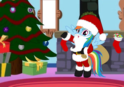 Size: 1024x716 | Tagged: artist needed, safe, imported from derpibooru, rainbow dash, pegasus, pony, bipedal, boots, chimney, christmas, christmas stocking, christmas tree, clothes, costume, fake beard, female, fireplace, hat, holiday, looking at you, mare, present, raised hoof, sack, santa claus, santa costume, santa hat, shoes, solo, tree, wings