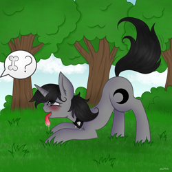 Size: 5000x5000 | Tagged: safe, artist:vaiola, imported from derpibooru, oc, oc only, oc:howl, pony, unicorn, behaving like a dog, blushing, bubble, collar, commission, cute, drool, ear fluff, female, fetish, forest, grass, high res, horn, looking up, mare, open mouth, park, pet play, playful, playing, salivating, scenery, solo, spiked collar, tail wag, text, tongue out, tree