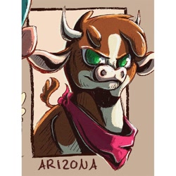 Size: 1080x1080 | Tagged: safe, alternate version, artist:artmadebyred, imported from derpibooru, arizona cow, cow, them's fightin' herds, arizona (tfh), bust, community related, female, horns, neckerchief, open mouth, smiling, solo