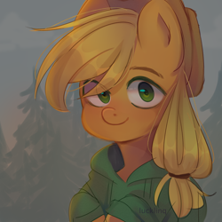 Size: 4000x4000 | Tagged: safe, artist:qutiiex, imported from derpibooru, applejack, earth pony, pony, absurd resolution, applejack's hat, clothes, cowboy hat, cute, eye clipping through hair, female, forest, hat, hoodie, jackabetes, looking at you, mare, smiling, solo, tree