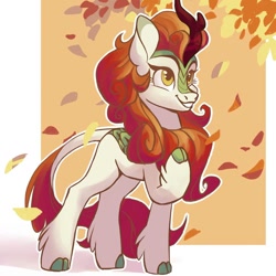 Size: 1080x1080 | Tagged: safe, artist:miss_glowwormis, imported from derpibooru, autumn blaze, kirin, awwtumn blaze, cloven hooves, cute, female, hoof fluff, hoof on chest, hooves to the chest, horn, leaves, leonine tail, raised hoof, smiling, solo