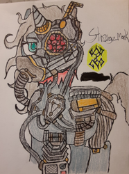 Size: 2096x2820 | Tagged: safe, artist:strange_mark, imported from derpibooru, oc, oc only, oc:crypt diver, cyborg, pony, unicorn, adeptus mechanicus, crossover, solo, traditional art, warhammer (game), warhammer 40k