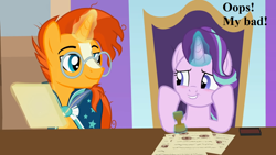 Size: 1246x701 | Tagged: safe, artist:agrol, edit, imported from derpibooru, starlight glimmer, sunburst, headmare of the school, magic, magic aura, school of friendship, speech, stamp, talking