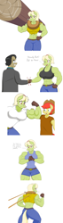 Size: 3248x11504 | Tagged: safe, artist:matchstickman, imported from derpibooru, bright mac, filthy rich, granny smith, anthro, earth pony, abs, back muscles, biceps, breasts, busty granny smith, clothes, colt, dialogue, female, flexing, gloves, granny smash, horse collar, implied tail hole, jeans, log, looking at you, male, mare, muscles, muscular female, one eye closed, pants, shirt, simple background, stallion, talking to viewer, white background, wink, yoke, young granny smith, younger