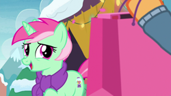 Size: 1280x720 | Tagged: safe, imported from derpibooru, screencap, applejack, minty bubblegum, pony, unicorn, best gift ever, clothes, female, mare, scarf, shopping bag, shopping bags