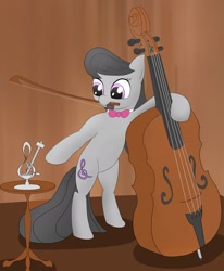 Size: 1848x2245 | Tagged: safe, artist:chocodamai, imported from derpibooru, octavia melody, earth pony, pony, bipedal, bow (instrument), bowtie, cello, cello bow, digital art, female, metronome, mouth hold, musical instrument, solo, table