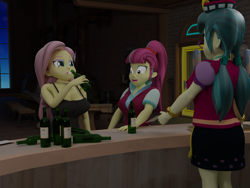 Size: 2000x1500 | Tagged: safe, artist:bluest, imported from derpibooru, fluttershy, juniper montage, sour sweet, equestria girls, 3d, alcohol, bottle, breasts, busty fluttershy, busty sour sweet, drinking, drinking contest, wine