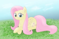 Size: 1596x1062 | Tagged: safe, artist:chocodamai, imported from derpibooru, fluttershy, pegasus, pony, crossed hooves, digital art, female, lying down, lying in grass, mare, prone, smiling, solo