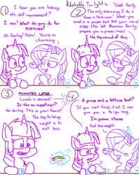 Size: 4779x6013 | Tagged: safe, artist:adorkabletwilightandfriends, imported from derpibooru, rarity, twilight sparkle, alicorn, pony, unicorn, comic:adorkable twilight and friends, adorkable, comic, conversation, cute, discussion, dork, exercise, food, friendship, glowing horn, grape, horn, humor, lettuce, magic, plate, slice of life, telekinesis, twilight is not amused, twilight sparkle (alicorn), twilight sparkle is not amused, unamused, weight, weight loss