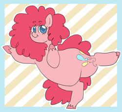 Size: 835x760 | Tagged: safe, artist:greenarsonist, imported from derpibooru, pinkie pie, earth pony, pony, chubbie pie, chubby, looking at you, nonbinary, pose, posing for photo, simple background, smiling, solo, transgender, unshorn fetlocks