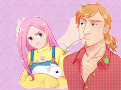 Size: 1000x746 | Tagged: safe, artist:punpunichu, edit, imported from derpibooru, angel bunny, big macintosh, fluttershy, human, chest hair, clothes, female, fluttermac, humanized, looking at each other, male, overalls, plaid shirt, shipping, shirt, smiling, straight, straw in mouth, sweater, sweatershy, turtleneck, winged humanization, wings