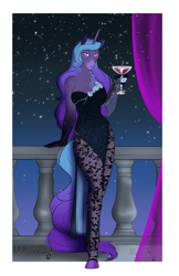 Size: 2561x3959 | Tagged: safe, artist:blackblood-queen, artist:jc_bbqueen, imported from derpibooru, oc, oc only, oc:serena nightshade, anthro, unguligrade anthro, unicorn, anthro oc, balcony, clothes, commission, dress, explicit source, glass, horn, smiling, solo, starry night, stars, unicorn oc, wine glass