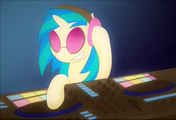 Size: 1580x1080 | Tagged: safe, artist:chocodamai, imported from derpibooru, dj pon-3, vinyl scratch, pony, unicorn, digital art, female, headphones, solo, sunglasses, turntable