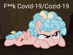 Size: 840x634 | Tagged: safe, edit, edited screencap, imported from derpibooru, screencap, cozy glow, pegasus, pony, frenemies (episode), coronavirus, covid-19, cozid-19, female, meme, pouting, prone, solo, text, text edit, vulgar