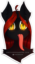 Size: 913x1637 | Tagged: safe, artist:obscuredragone, imported from derpibooru, oc, oc only, oc:blaze shadow, alicorn, pony, unicorn, big eyes, black fur, broken horn, bust, cute, ears, ears up, edgy, fur, glowing eyes, good boy, horn, long hair, long tongue, male, mane, mlem, red hair, shiny eyes, silly, simple background, solo, stallion, sweet, tongue out, transparent background