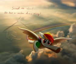 Size: 3071x2604 | Tagged: safe, artist:lth935, imported from derpibooru, rainbow dash, pegasus, pony, cloud, dialogue, female, flying, plutonium, sky, solo, stealing